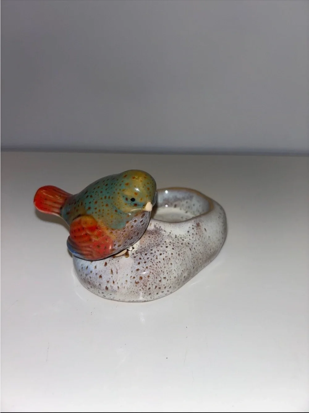 Vintage Ceramic shiny glazed multi color Bird Tea Light Candle Holder